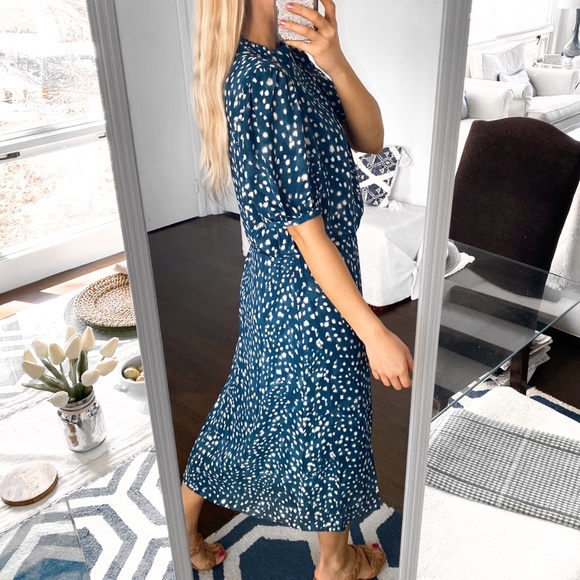 🌌 ANN TAYLOR TEAL TAN DOTTED MAXI DRESS! - Picture 3 of 9